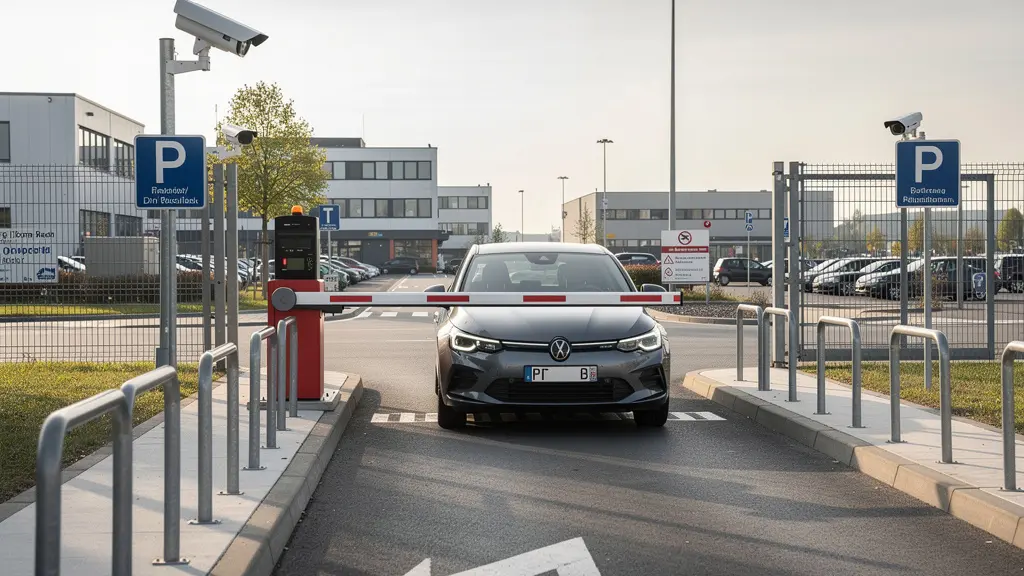 Voiture passant la barrière d'un parking sécurisé avec caméra de surveillance visible