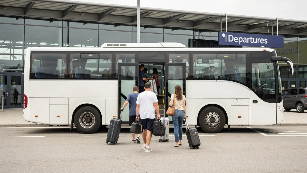 Navette parking aéroport avec passagers montant à bord devant terminal CDG