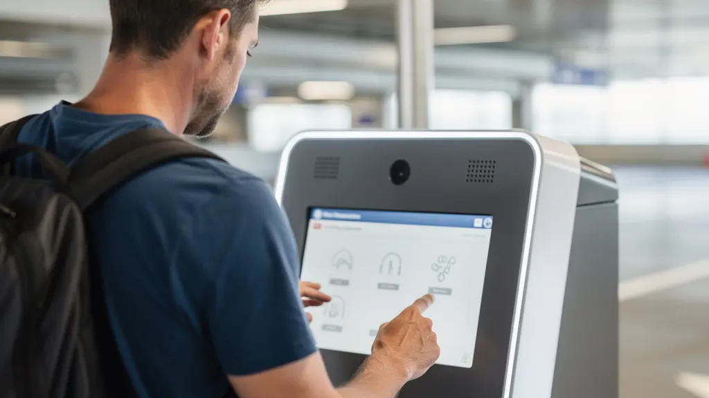 Voyageur consultant une borne de réservation dans un parking moderne près de CDG