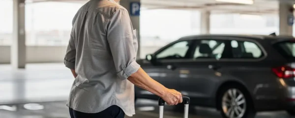 Voyageuse approchant sa voiture dans un parking couvert lumineux près de CDG