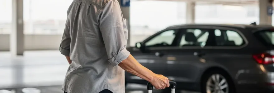 Voyageuse approchant sa voiture dans un parking couvert lumineux près de CDG