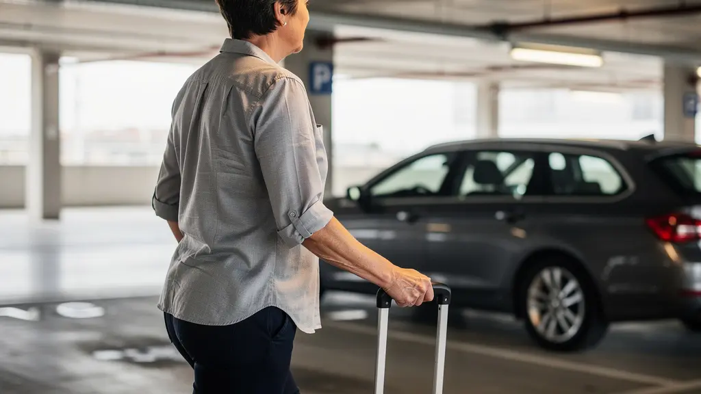 Voyageuse approchant sa voiture dans un parking couvert lumineux près de CDG