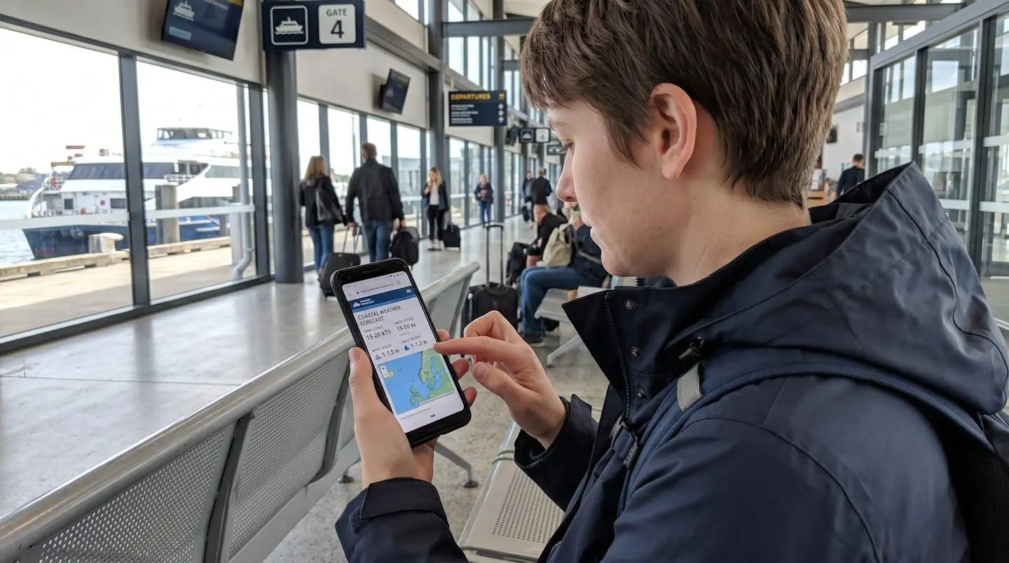 Gros plan sur une main tenant un smartphone dont l'écran affiche un bulletin météo complètement flouté, avec en arrière-plan flou l'intérieur contemporain d'un ferry