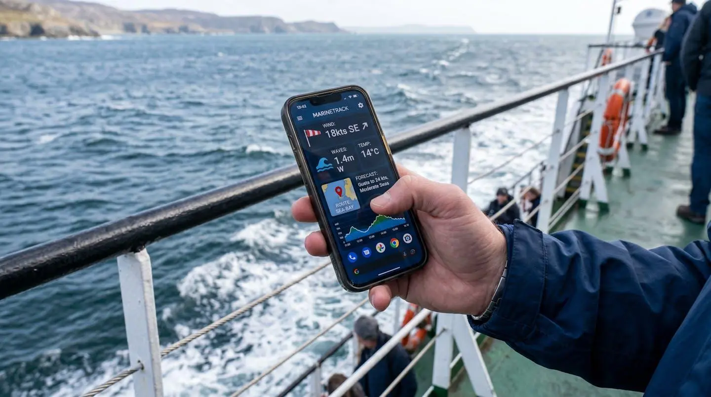 Gros plan sur une main tenant un smartphone dont l'écran affiche un bulletin météo complètement flouté, avec en arrière-plan flou l'intérieur contemporain d'un ferry