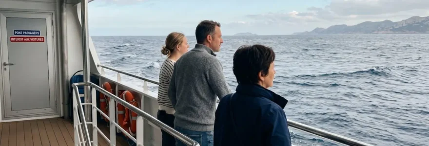 Deux passagers vus de dos observent l'horizon maritime depuis le pont extérieur d'un ferry, avec une mer présentant une houle modérée et un ciel partiellement nuageux