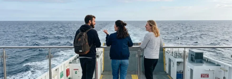 Deux passagers vus de dos observent l'horizon maritime depuis le pont extérieur d'un ferry, avec une mer présentant une houle modérée et un ciel partiellement nuageux