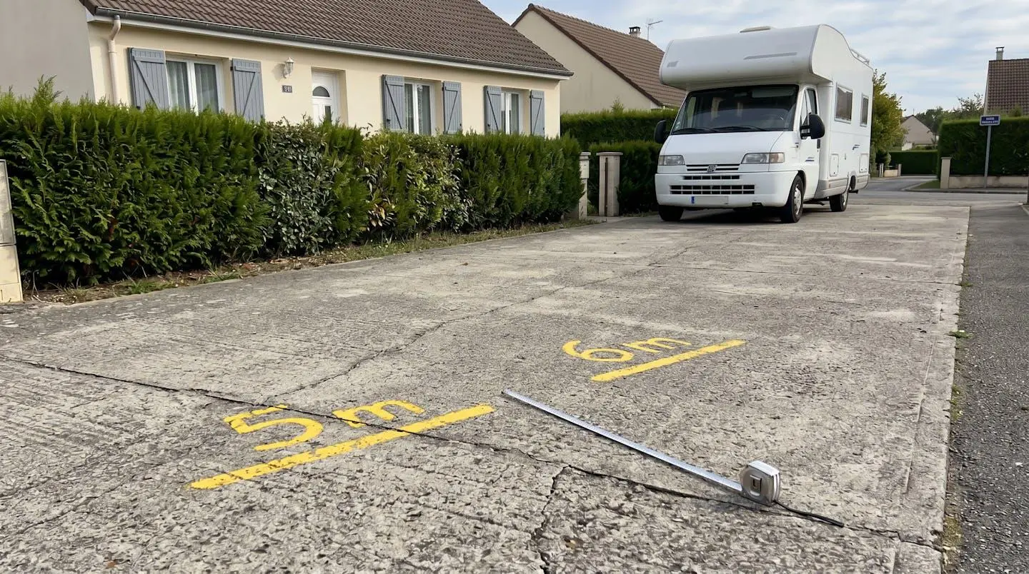 Allée de garage résidentiel avec marquages de mesure peints au sol indiquant 5 mètres et 6 mètres, un camping-car blanc stationné en arrière-plan pour référence d'échelle