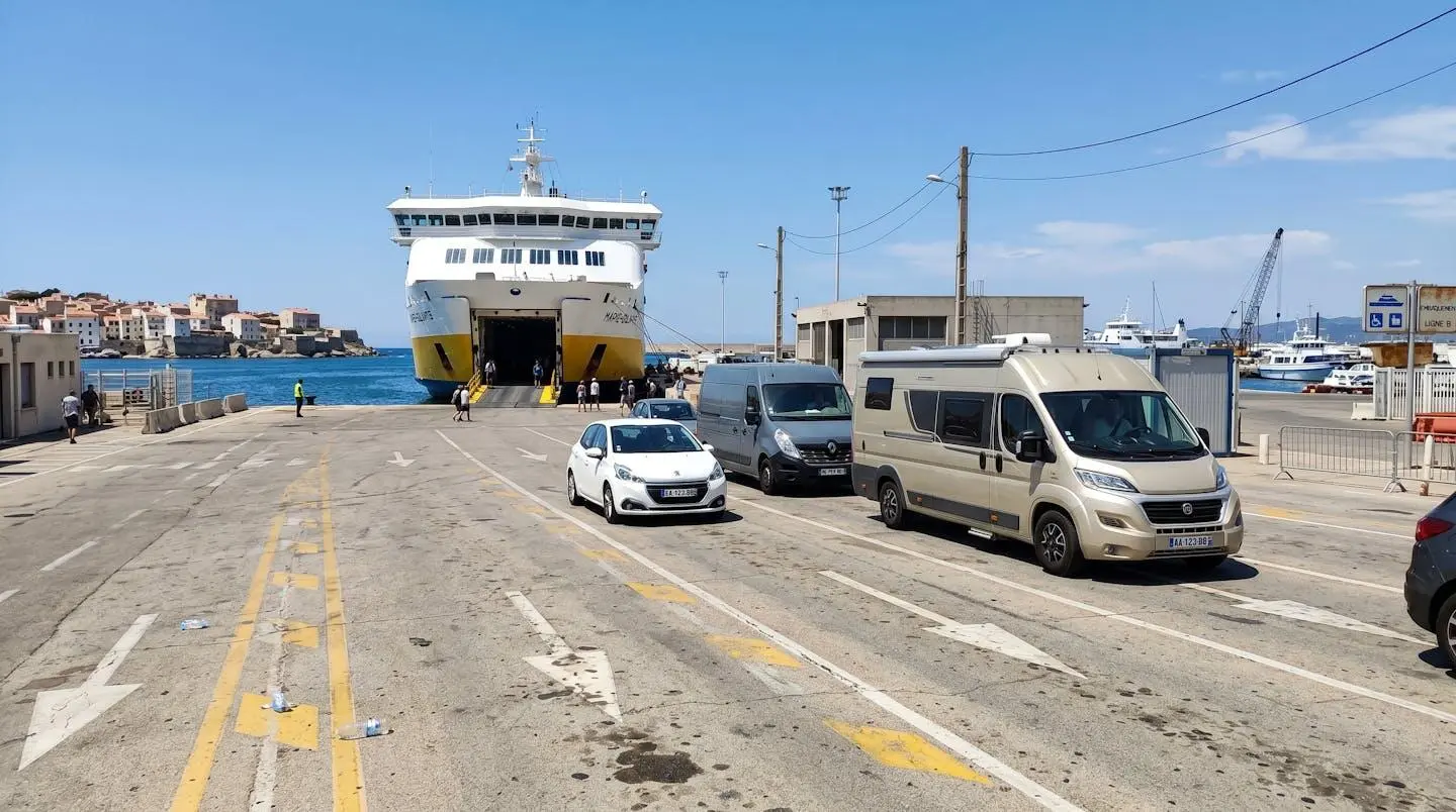 File de véhicules de différentes tailles — citadine blanche, fourgon gris et camping-car beige — attendant l'embarquement sur un quai de ferry méditerranéen sous le soleil estival