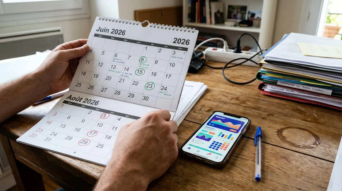 Mains d'une personne consultant un calendrier mural 2026 avec plusieurs dates de juin et août entourées en couleur, smartphone et carnet posés sur un bureau en bois